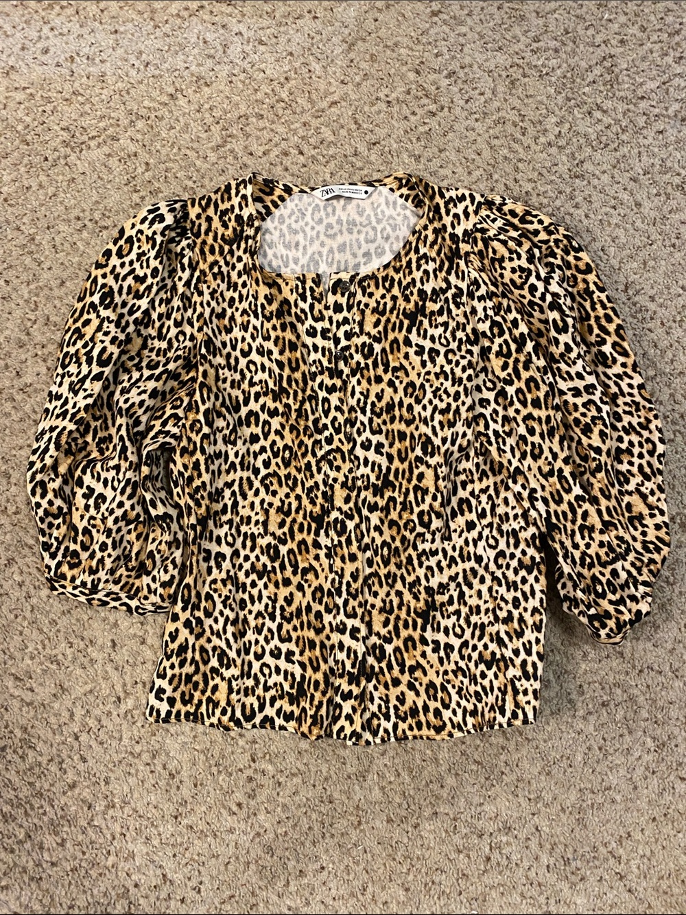Zara Leopard Print Puff Sleeve Blouse - Beige/Black